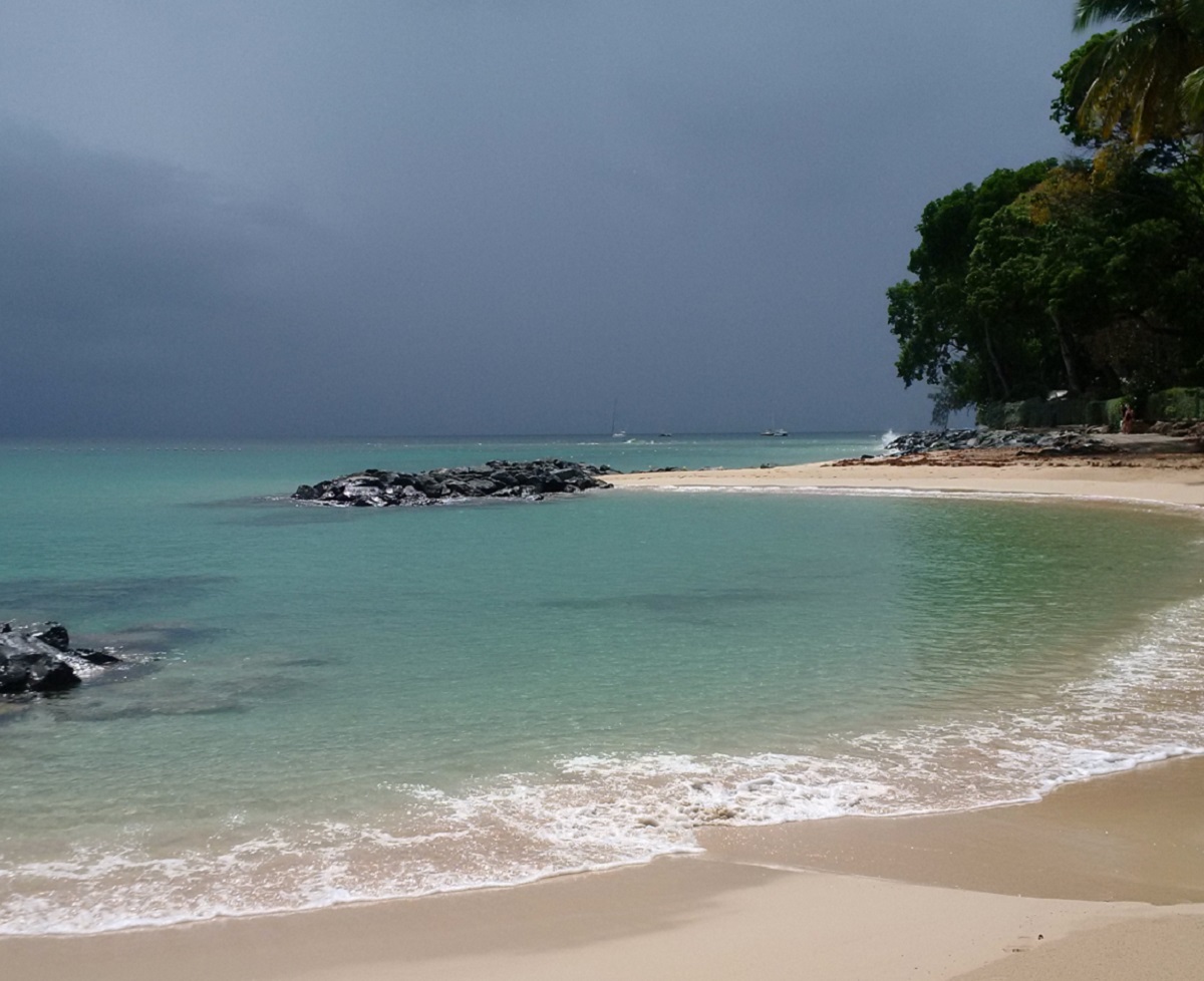 Sandy beach in the foreground with trees to the beach, blue sea and stormy skies above